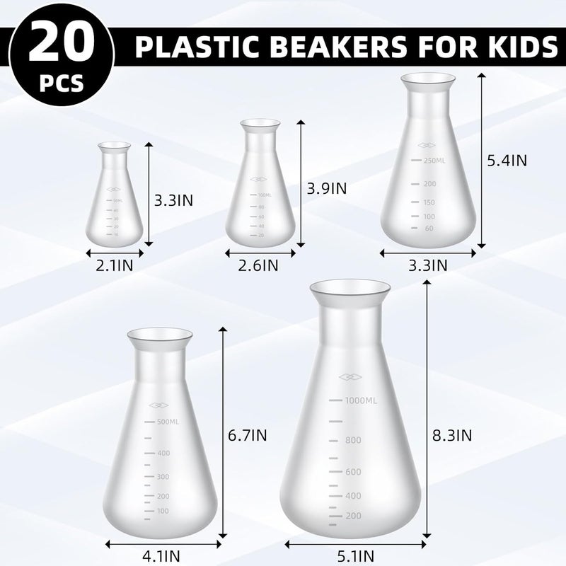 DoubleFill 20 Pcs Plastic Beakers for Kids Class and Party, Scientific Conical Flask, Laboratory Chemical Erlenmeyer Education Learning Tool, 50ml, 100ml, 250ml, 500ml, 1000ml - Image 2